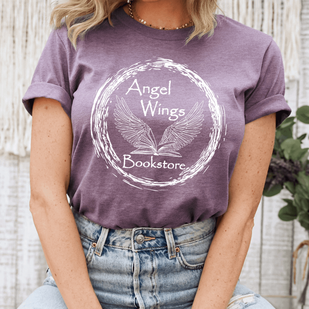 Angel Wings Bookstore Circular Short Sleeve T-Shirt T-shirt Color: Heather Purple $21.95 Winks Design Studio,LLC