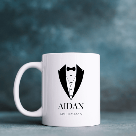Customizable Wedding Party Ceramic Mug - Elegant Tuxedo Design
