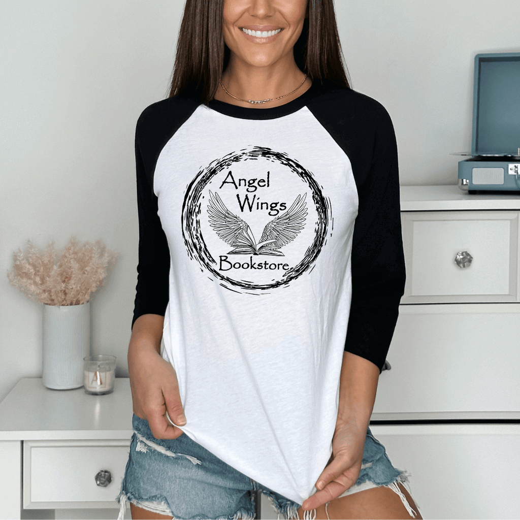 Angel Wings Bookstore Raglan Baseball T-Shirt T-shirt Color: Black/White $26.99 Winks Design Studio,LLC