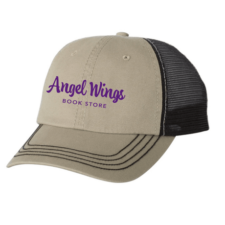 Angel Wings Bookstore Trucker Hat Hats Color: Khaki/Black $18.99 Winks Design Studio,LLC
