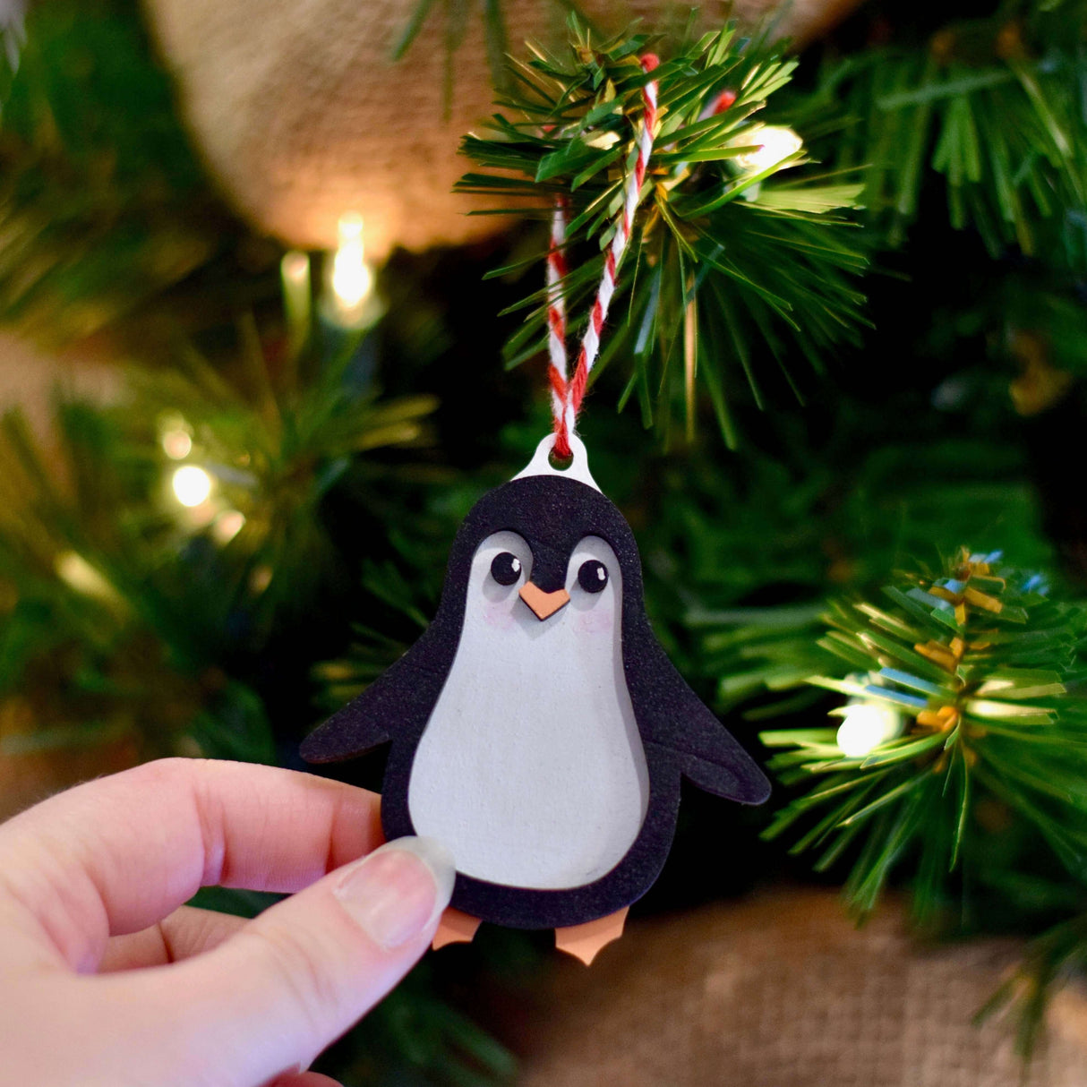 Happy Penguin Wood Engraved Ornament