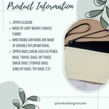 product information for cosmetic bag with wristlet