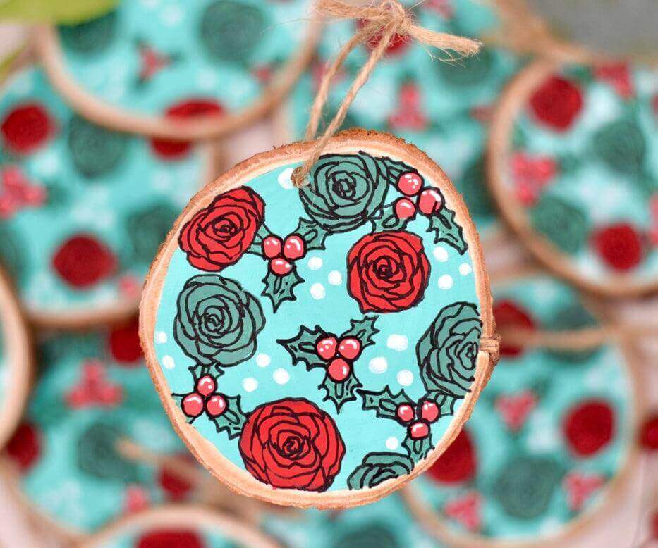 Hand-Painted Wooden Christmas Tree Decorations, 2.5”w x 2.5”l, Red Rose Farmhouse Christmas Tree Ornaments, Flower Christmas Decorations - Winks Design Studio,LLC