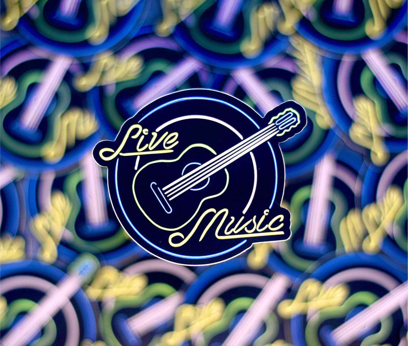 Live Music Neon Sign and Acoustic Guitar Sticker Set: Waterproof Vinyl Decals for Guitar Case, Laptop, Journal, 3”x2.5” - Winks Design Studio,LLC