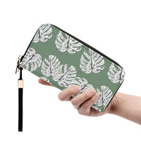 Green Monstera Leaves Clutch Wallet With Wristlet - Winks Design Studio,LLC