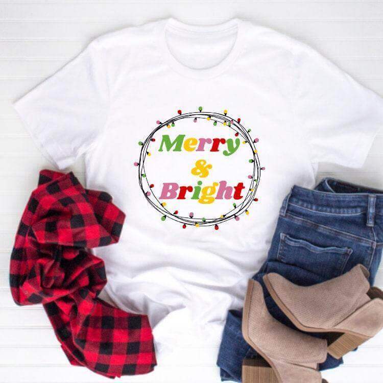Merry and Bright Shirt, Cute Christmas T-Shirt, Holiday Unisex Graphic Tee, Colorful Christmas Lights T-Shirt - Winks Design Studio,LLC
