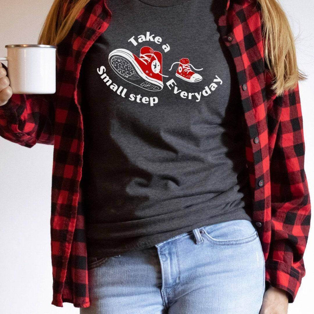 Take a Small Step Everyday Graphic Tee | Vintage Chuck Taylors | Red Converse High Tops | Funny Workout Shirt - Winks Design Studio,LLC