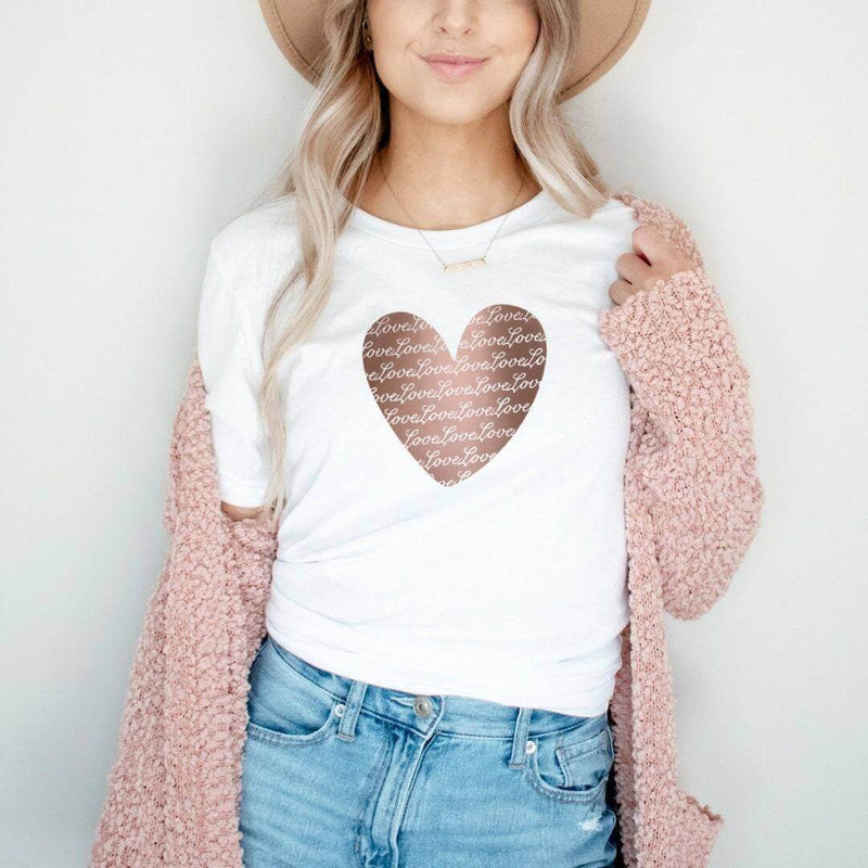 Love Shirt, Copper Heart with Repeating Word Pattern, Valentines Day Gift - Winks Design Studio,LLC