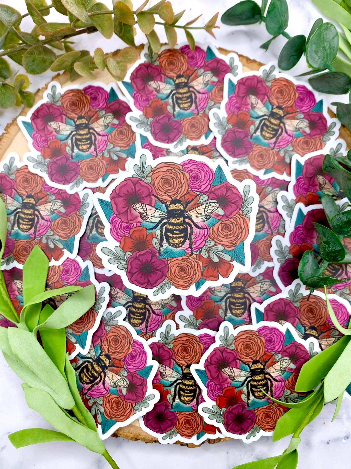Bee on Flowers Vinyl Sticker, 3x3 in. - Winks Design Studio,LLC