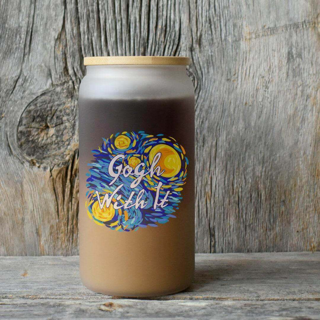 Van Gogh Cup, 16 oz. Frosted Beer Can Glass With Bamboo Lid And Straw, Starry Night, Gogh With It, Art Teacher Gift - Winks Design Studio,LLC