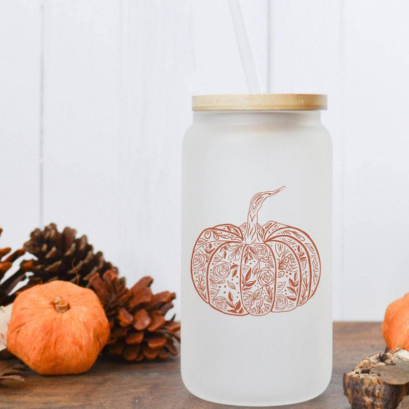 Fall Beer Can Glass, Flower Pumpkin, 16 oz. Iced Coffee Glass With Bamboo Lid And Straw, Boho Fall Cup, Fall Aesthetic Coffee Glass - Winks Design Studio,LLC