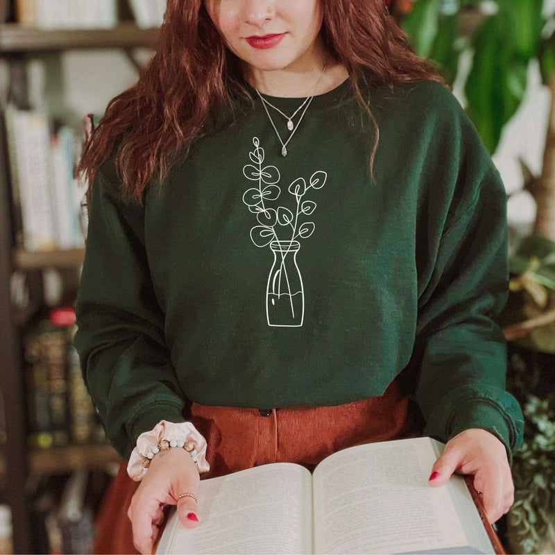 Eucalyptus Flower Crewneck Sweatshirt - Women’s Green Cottagecore Shirt, Botanical Plant Gift - Winks Design Studio,LLC