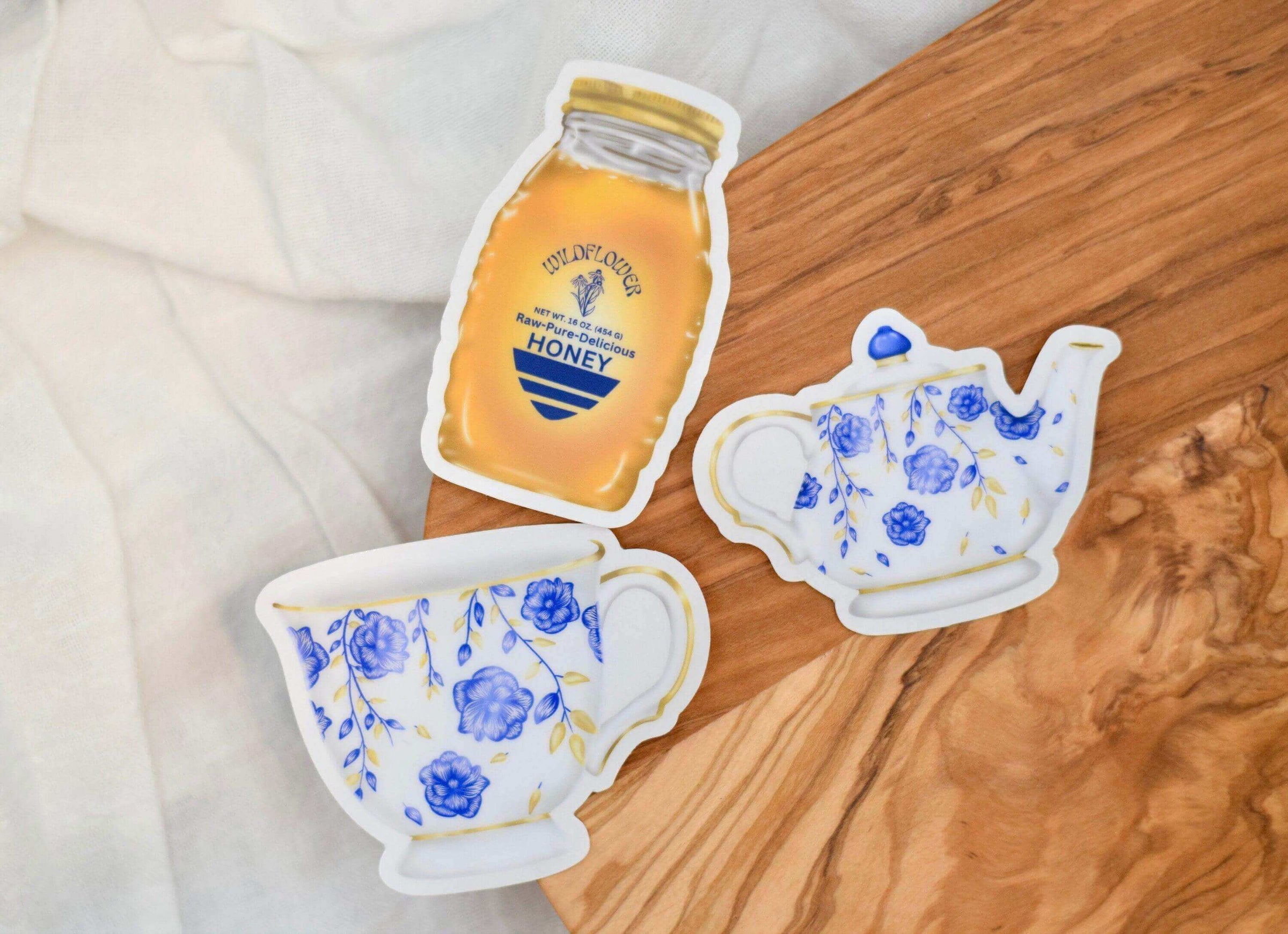 Pack of 3 Tea Party Sticker Set: Blue Rose Porcelain Teapot, Tea Cup, and Wildflower Honey Jar, Waterproof Decals for Tea Party Favors - Winks Design Studio,LLC