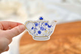 Pack of 3 Tea Party Sticker Set: Blue Rose Porcelain Teapot, Tea Cup, and Wildflower Honey Jar, Waterproof Decals for Tea Party Favors - Winks Design Studio,LLC