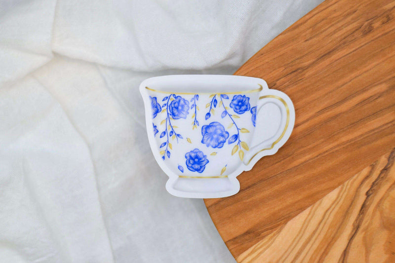 Floral Vintage Tea Cup, Clear Vinyl Sticker, Tea Party Favor, Hand Drawn Porcelain Tea Cup With Blue Roses 3”x2.5” - Winks Design Studio,LLC
