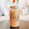 Give Thanks (Psalm 107:1) Iced Coffee Glass, 16 oz. with Bamboo Lid and Straw - Bible Verse Gift, Glass Can Cup - Winks Design Studio,LLC