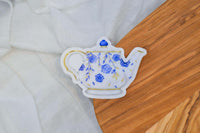 Vintage Floral Teapot Sticker, Clear Vinyl, Hand-Drawn Porcelain with Blue Roses, Tea Party Favors, 3”x2.125” - Winks Design Studio,LLC